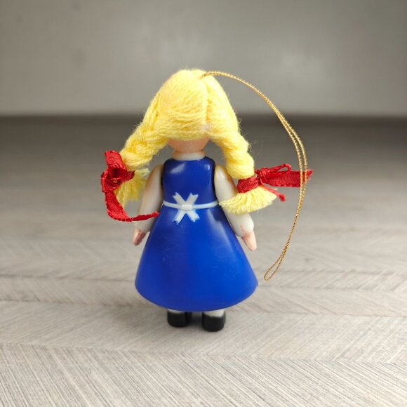 Vintage Swiss Miss Girl Ornament 3 Inches With Blonde Braids & Red Bows - Picture 3 of 6